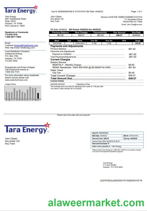 USA Texas Tara Energy utility bill template in Word and PDF format